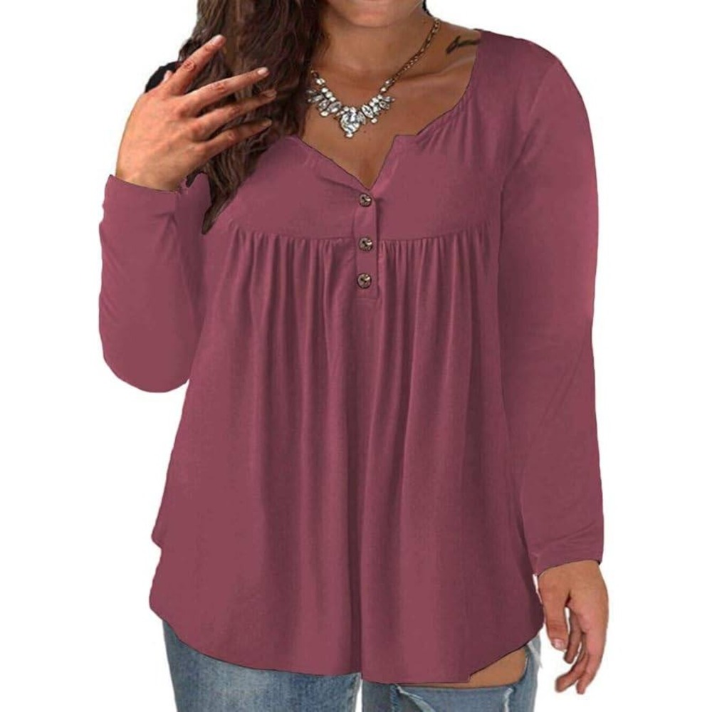 VISLILY Women's 24W Long Sleeve Henley Buttons Up Top Shirt Blouse Pleated Tun
